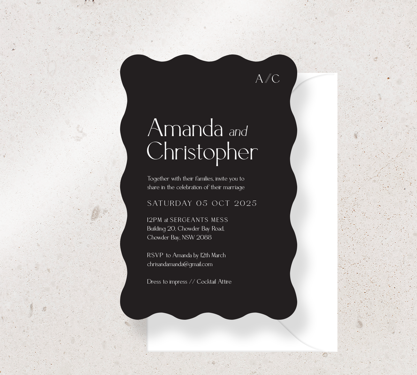 Customisable Wave invitation design from our Estate collection - White ink on Black card, paired here with a white envelope