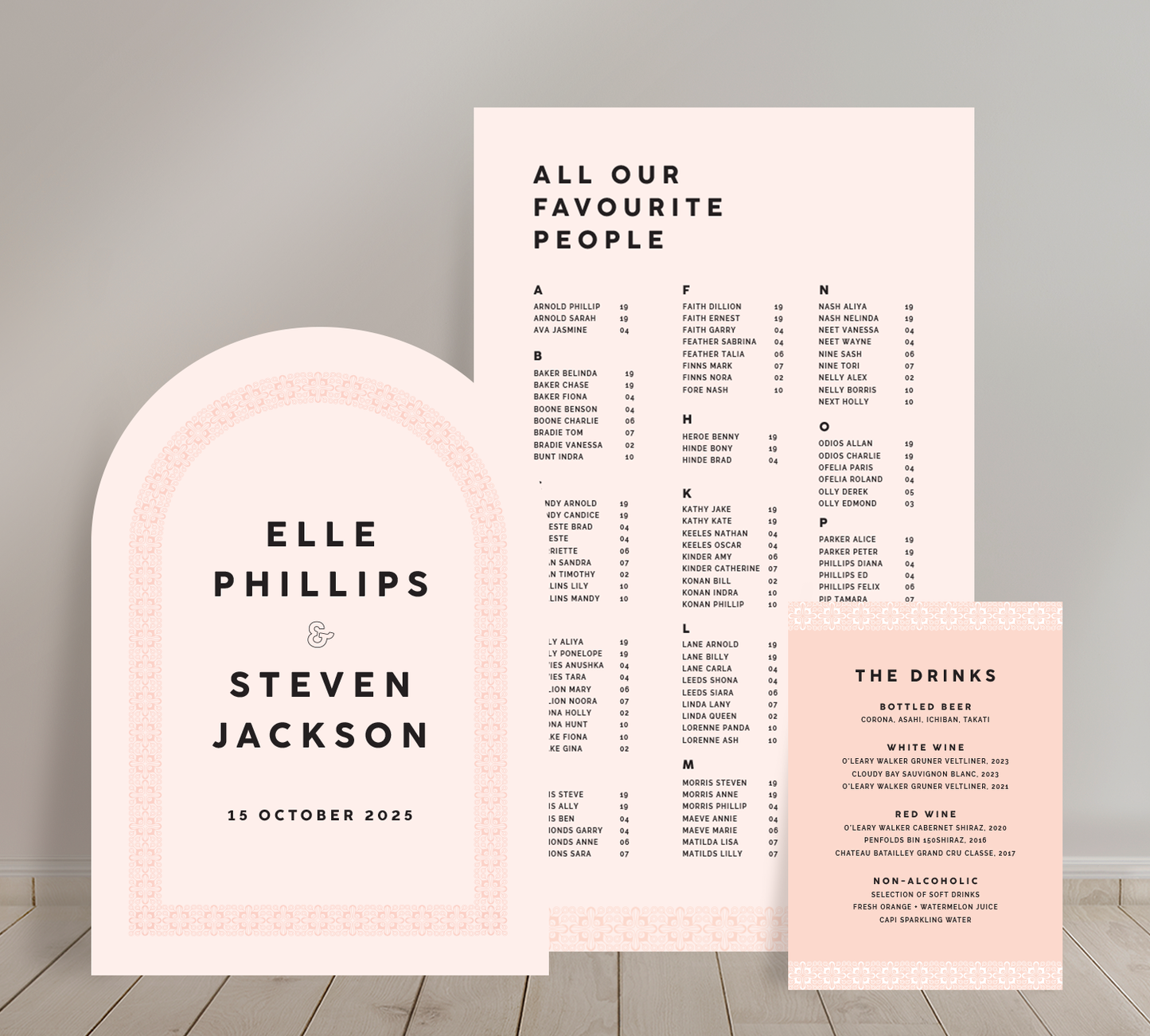 Cost effective Signage Trio from our Grace collection - Welcome sign, Seating chart & Bar Sign Combo