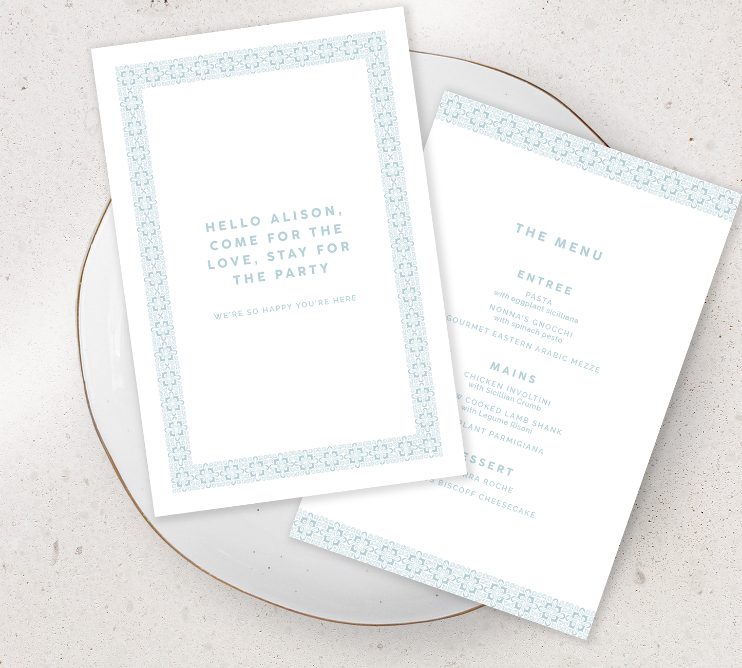 Double sided Guest Menu from our Grace Collection - Duck egg blue ink on White card