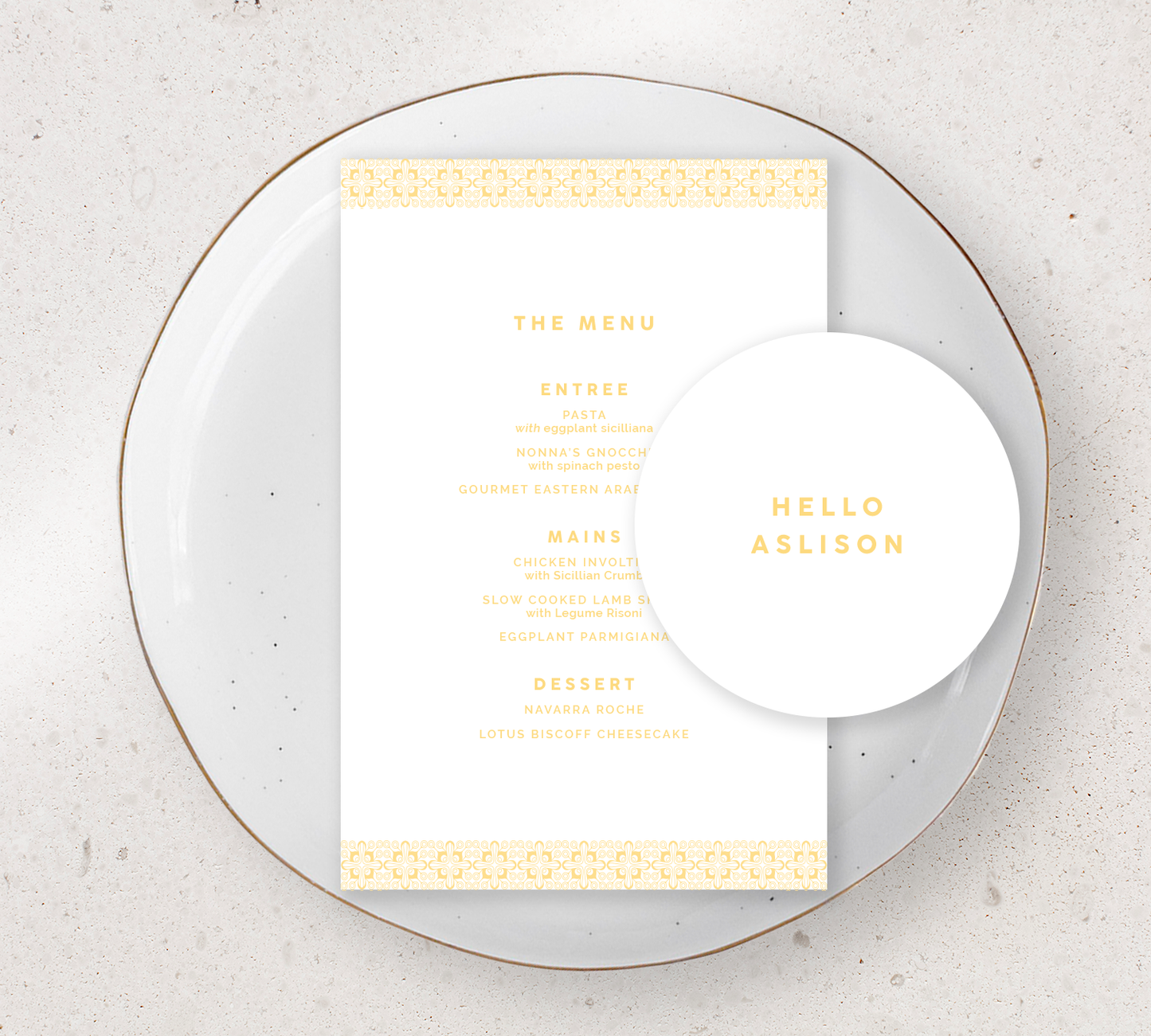 Place setting from our Grace collection - Guest Menu and Place Card Combo