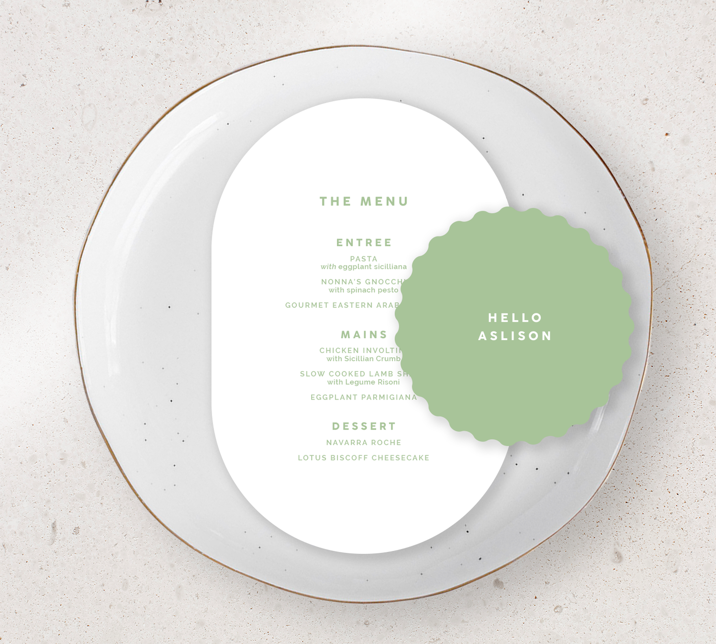 Place setting from our Grace collection - Guest Menu and Place Card Combo