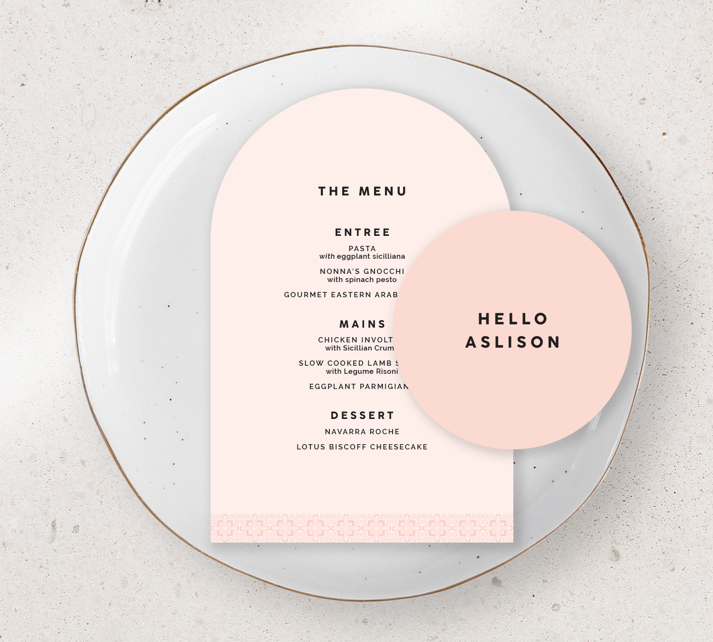 Place setting from our Grace collection - Guest Menu and Place Card Combo