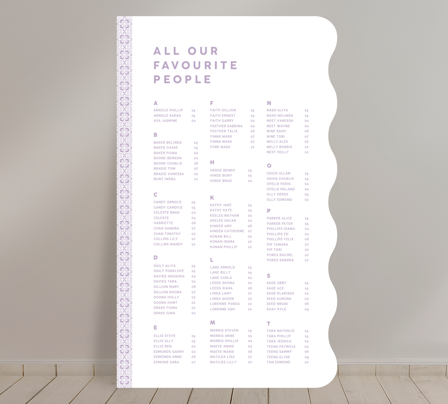 Tall A1 Guest Seating Chart from our Grace collection