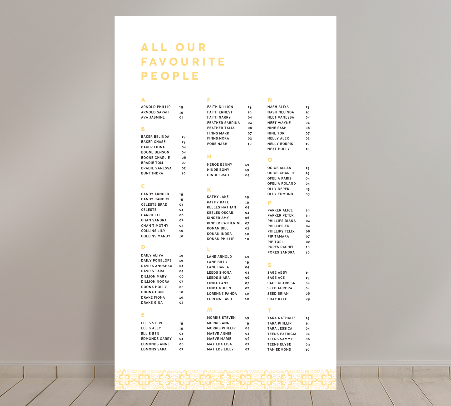 Tall A1 Guest Seating Chart from our Grace collection