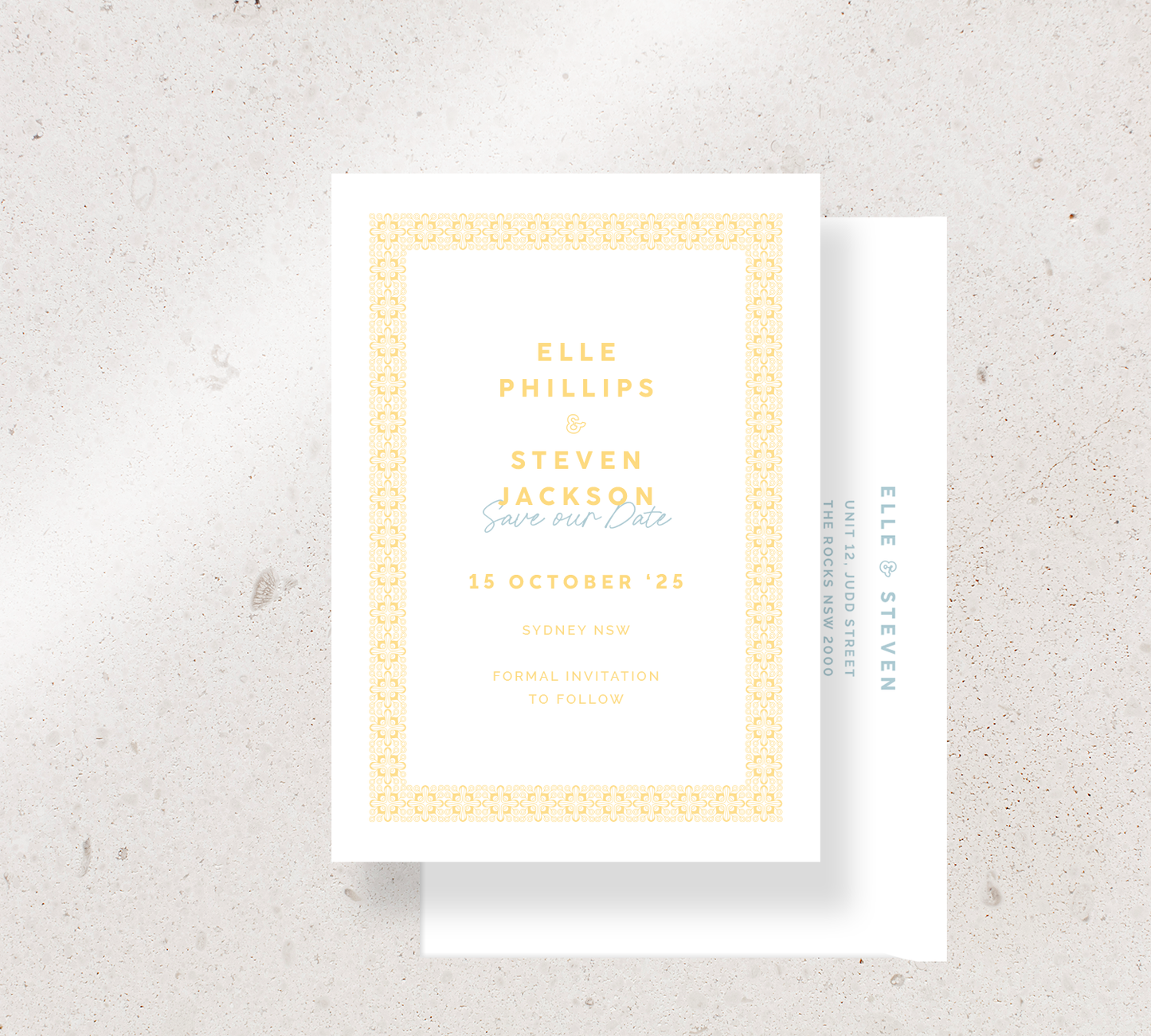 Save the Date Announcement Card from our Grace Collection - Lemon Yellow ink on White card, paired here with a White envelope