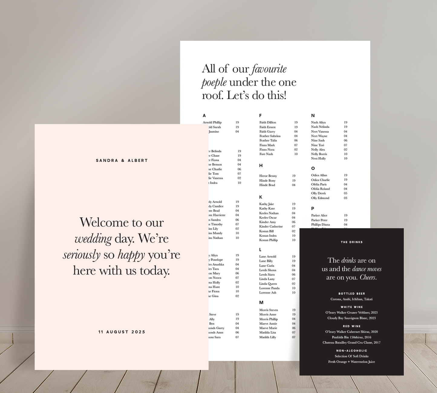 Cost effective Signage Trio from our Grande collection - Welcome sign, Seating chart & Bar Sign Combo