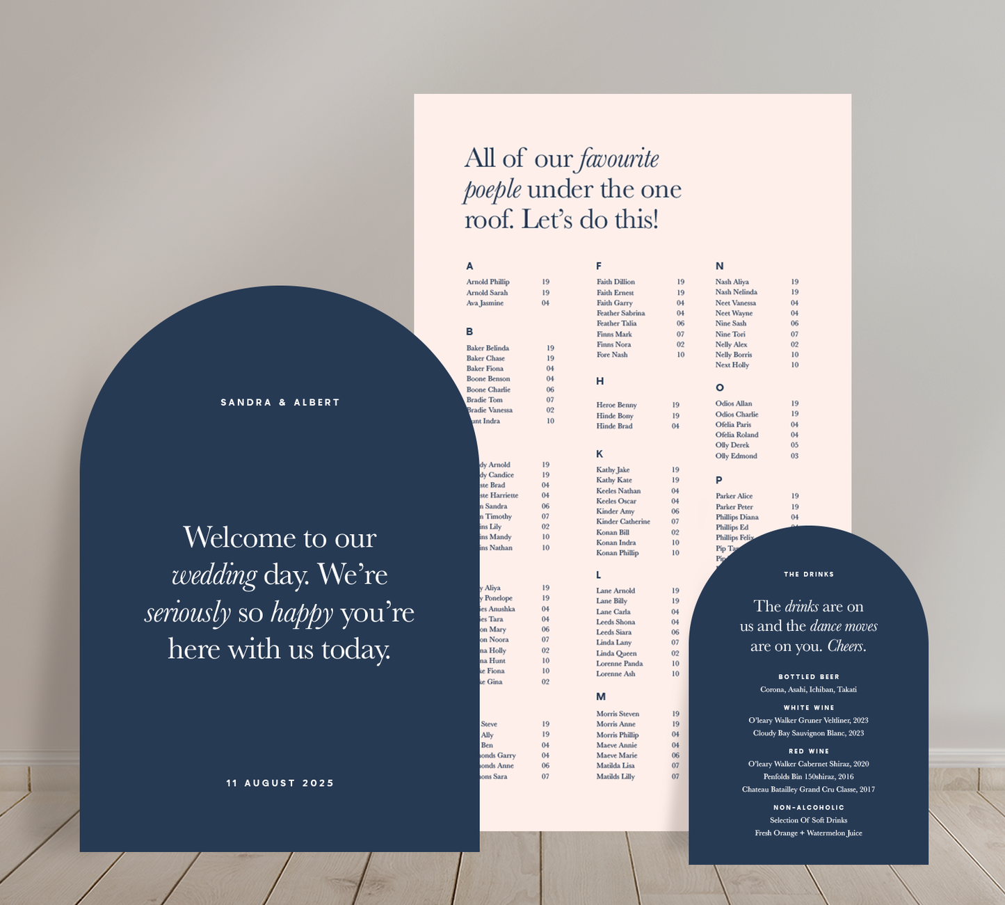 Cost effective Signage Trio from our Grande collection - Welcome sign, Seating chart & Bar Sign Combo