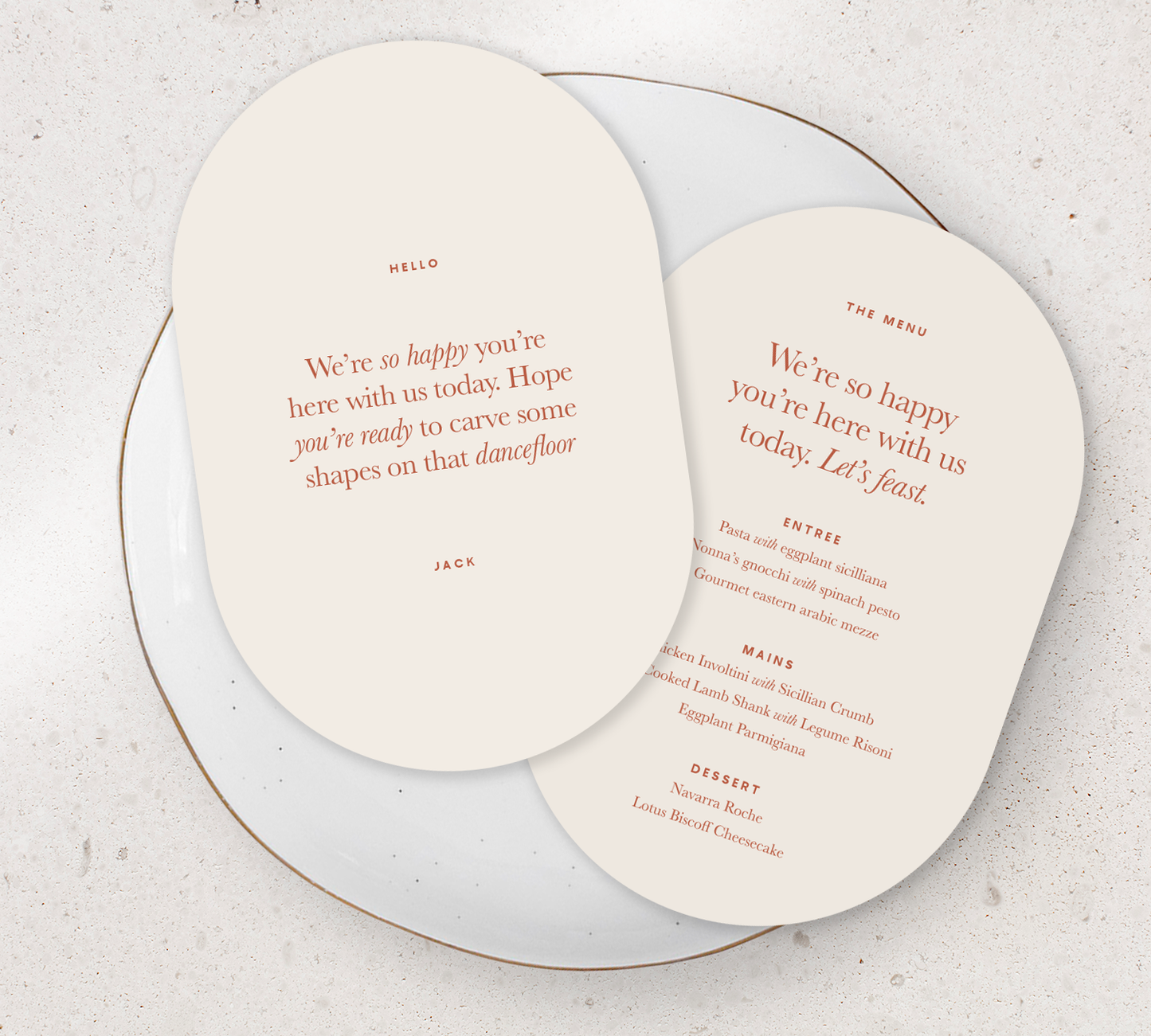 Double sided oval Guest Menu from our Grande Collection - Clay ink on Almond card