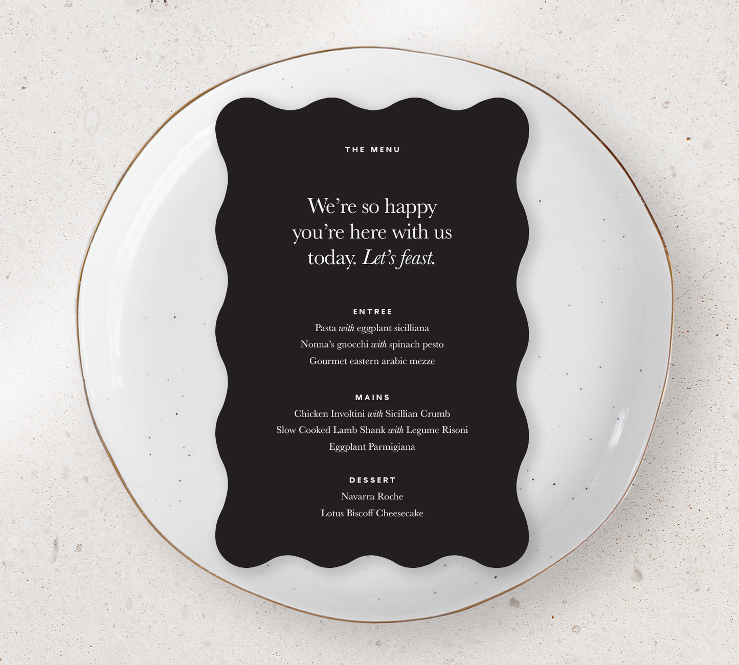 Wave Guest Menu from our Grande Collection - White ink on Black card
