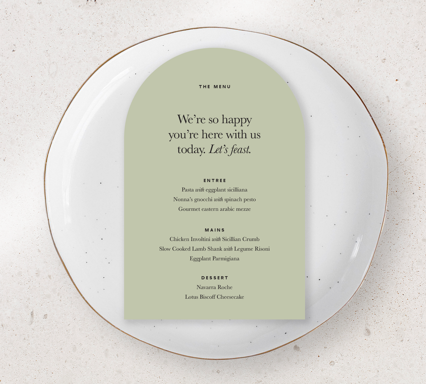 Arch Guest Menu from our Grande Collection - Black ink on Sage card