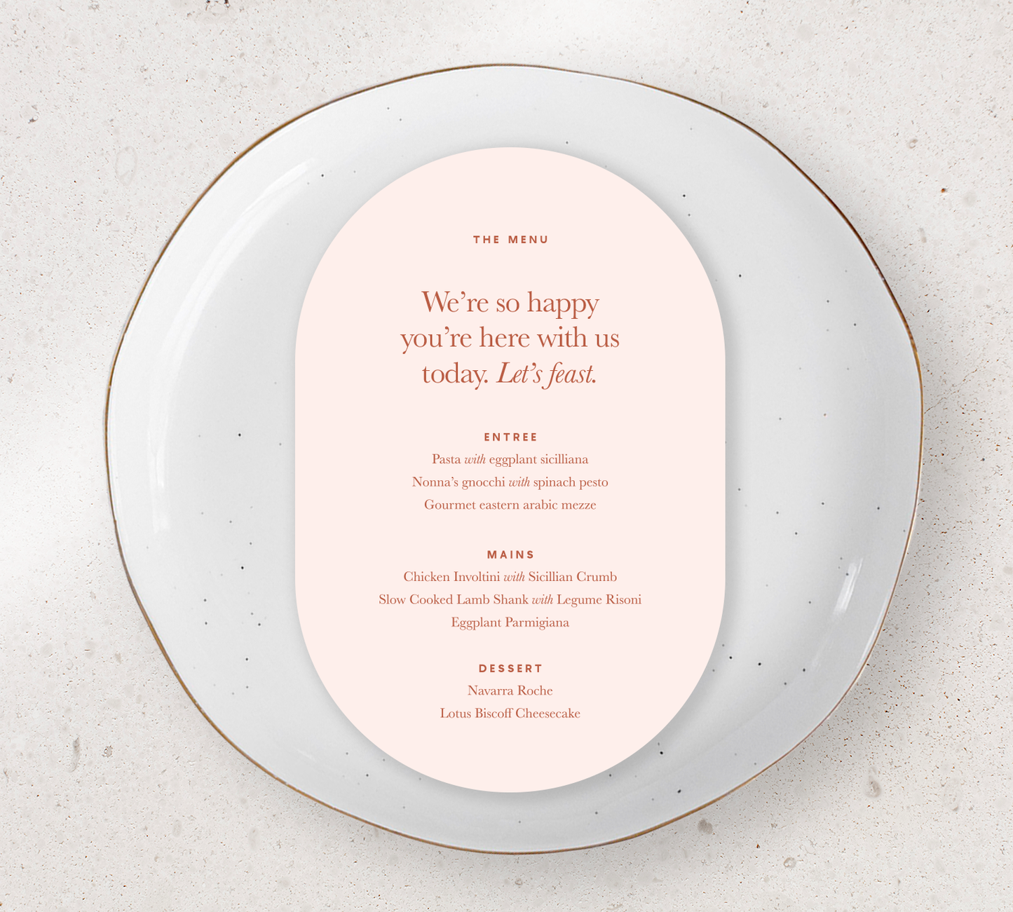 Oval Guest Menu from our Grande Collection - Clay ink on Nude card