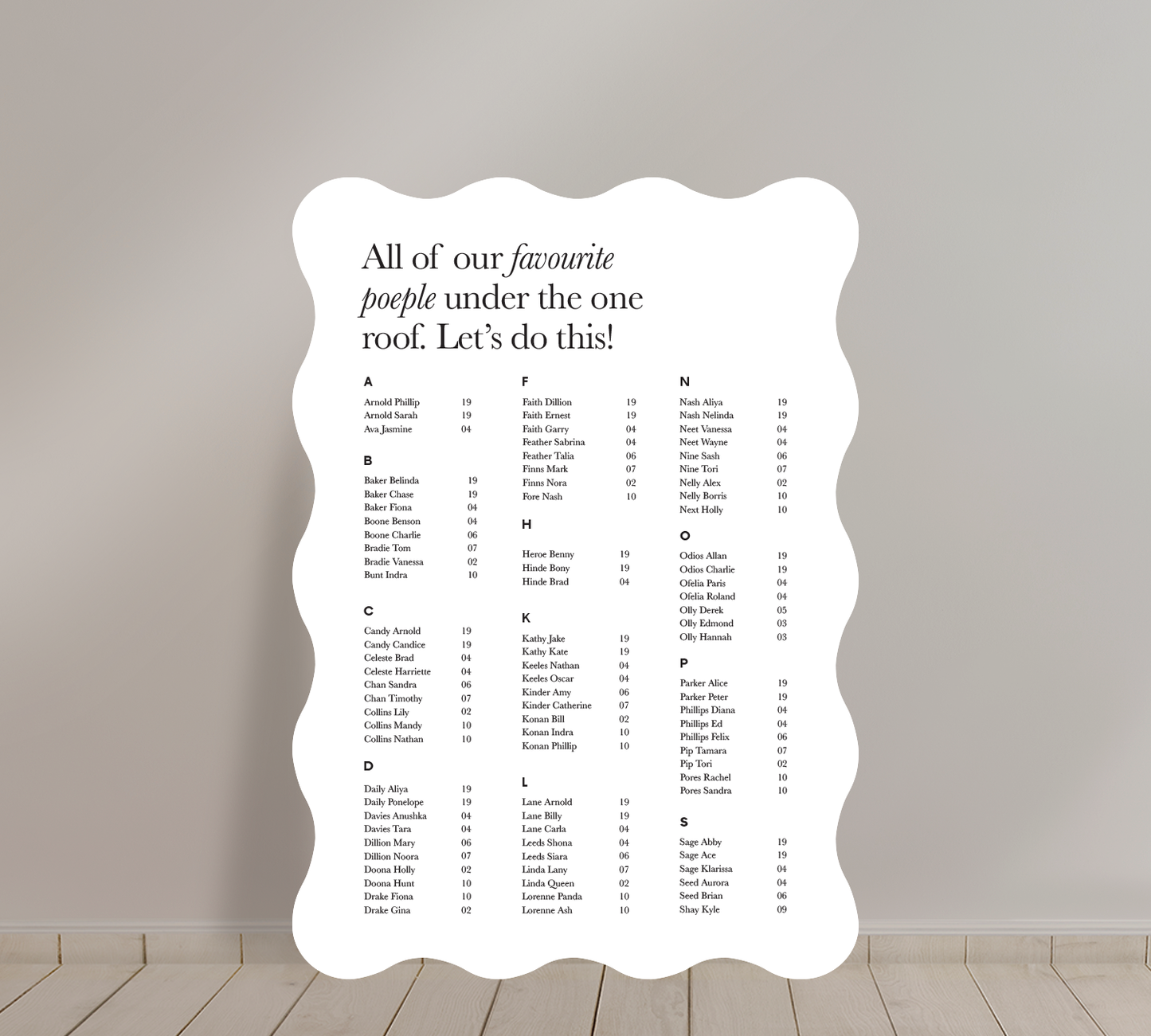 A1 Guest Seating Chart from our Grande collection