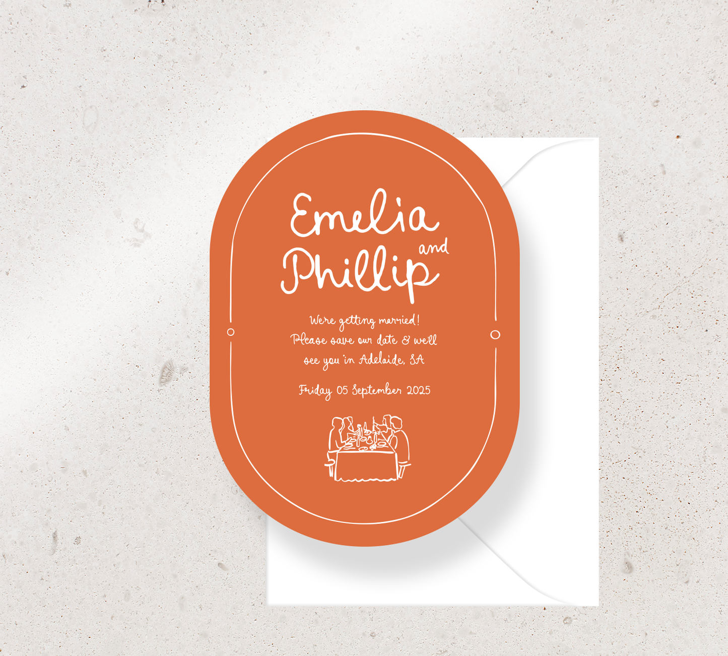 Oval Save the Date Announcement Card from our Limoncello Collection - White ink on Burnt Orange card, paired here with a White envelope