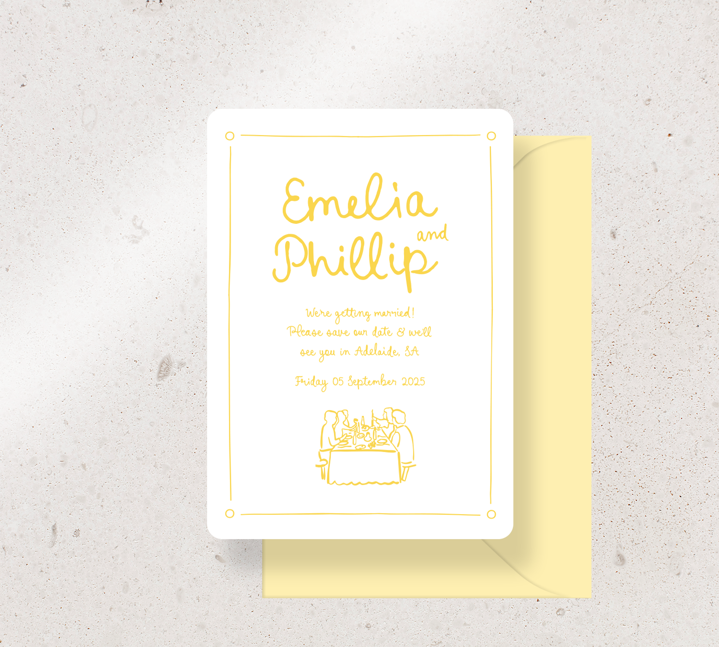 Save the Date Announcement Card from our Limoncello Collection - Lemon yellow ink on White card, paired here with a Sorbet yellow envelope