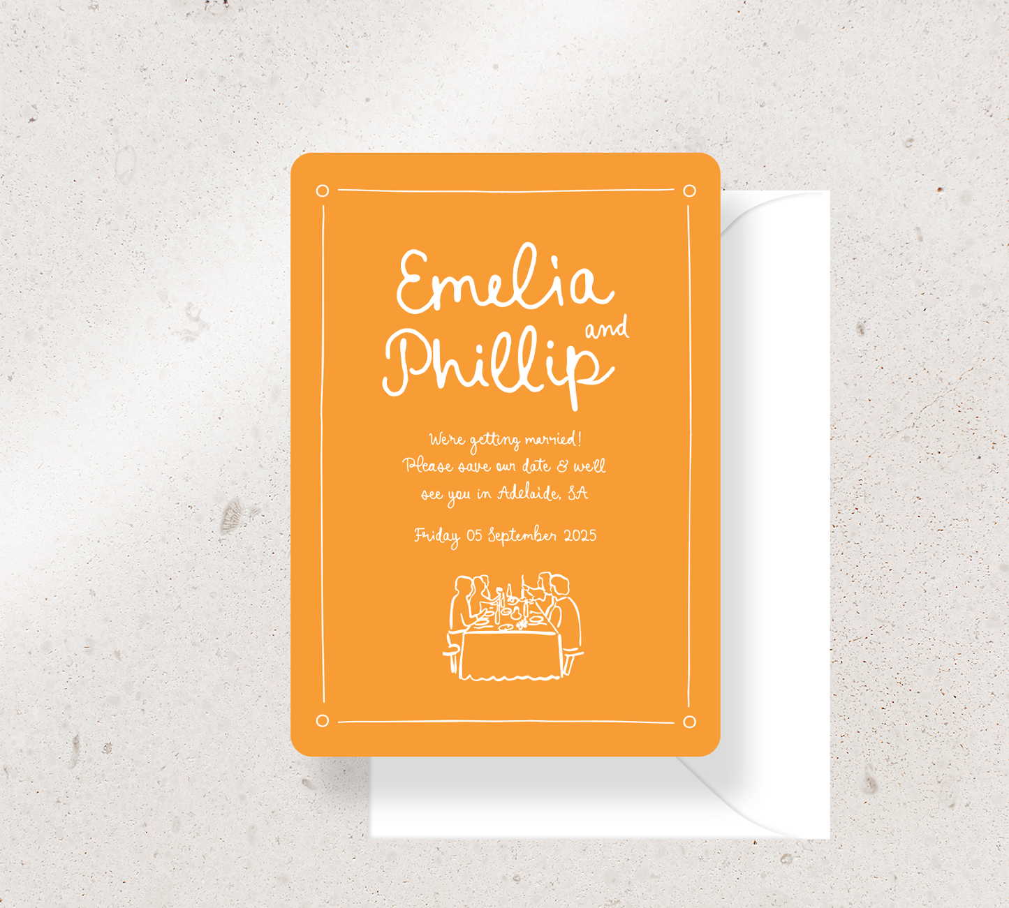 Save the Date Announcement Card from our Limoncello Collection - White ink on Pumpkin card, paired here with a White envelope