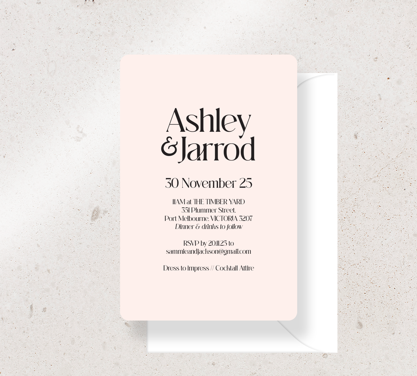 Customisable invitation design from our Love Note collection - Black ink on Nude card, paired here with a White Envelope