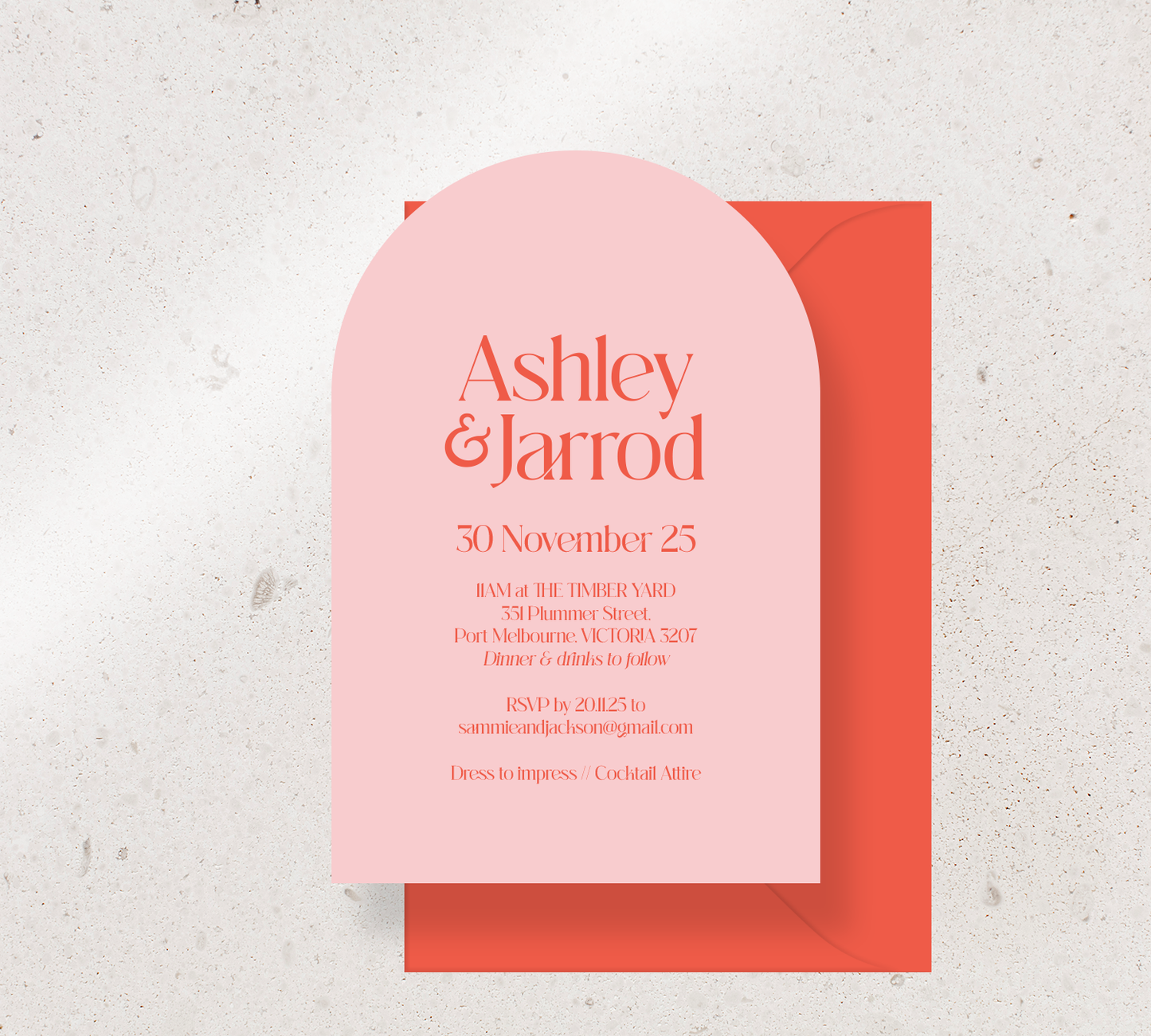Customisable Arch invitation design from our Love Note collection - Cayenne ink on Rosa card, paired here with a Cayenne Envelope