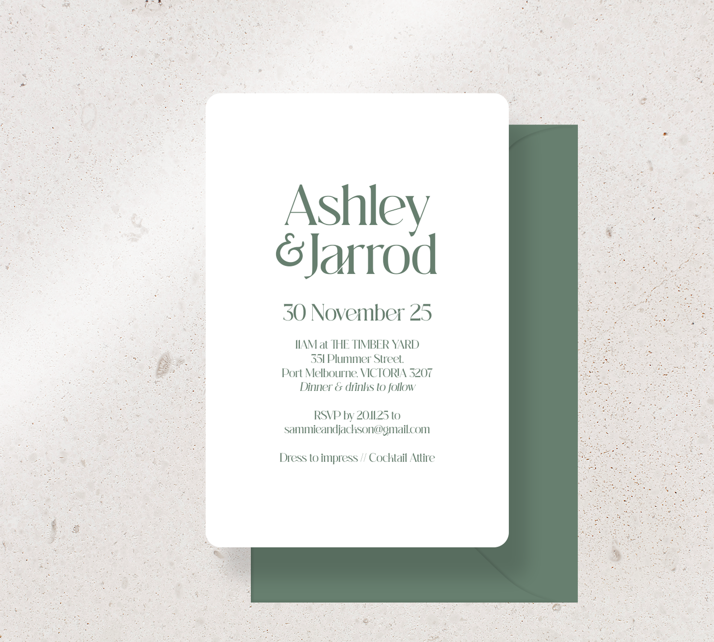 Customisable invitation design from our Love Note collection - Seedling Green ink on White card, paired here with a Seedling Green Envelope