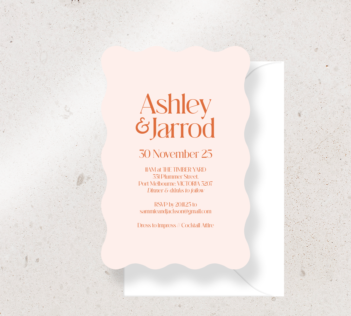 Customisable Wave invitation design from our Love Note collection - Burnt Orang ink on Nude card, paired here with a White Envelope