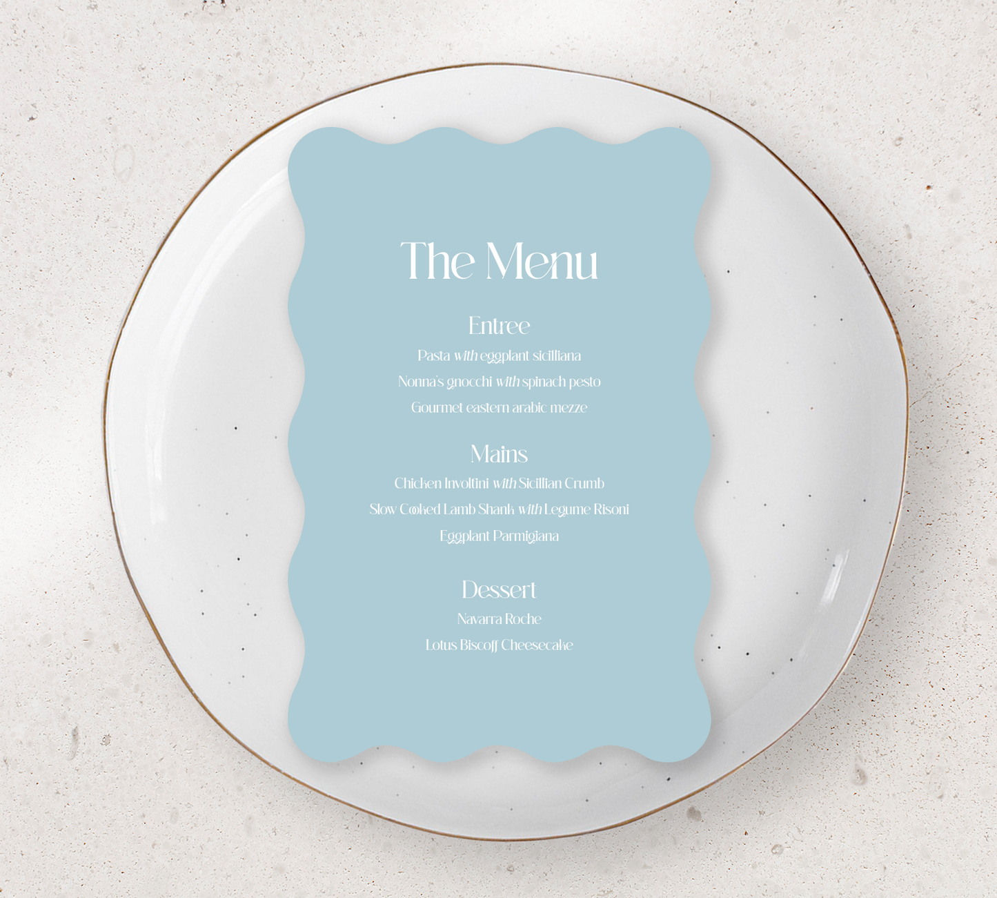 Wave Guest menu's from our Love Note collection - White ink on Duck egg blue card