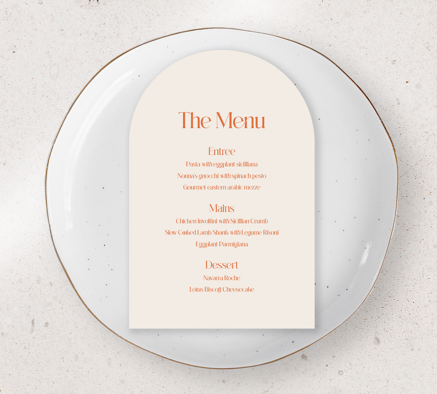 Arch Guest menu's from our Love Note collection - Burnt Orange ink on Almond card