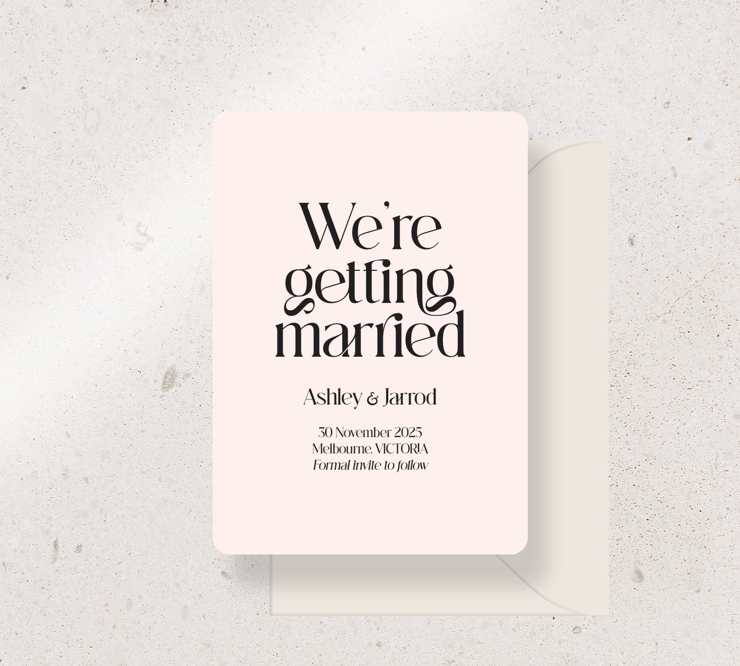 Save the Date Announcement Card from our Love Note Collection - Black ink on Nude card, paired here with an Almond envelop