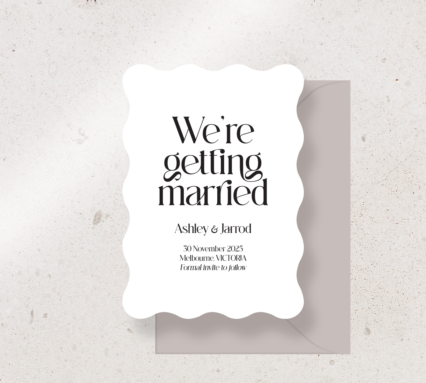Wave Save the Date Announcement Card from our Love Note Collection - Black ink on White card, paired here with a Stone envelope