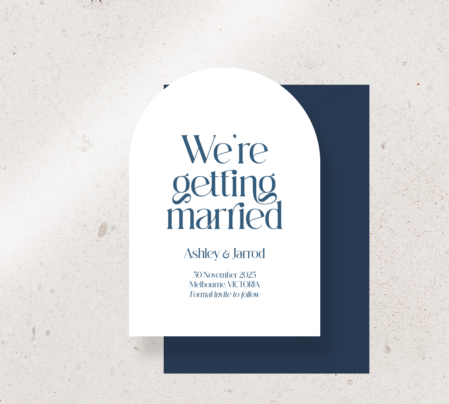 Arch Save the Date Announcement Card from our Love Note Collection - Midnight Blue ink on White card, paired here with a Navy envelope