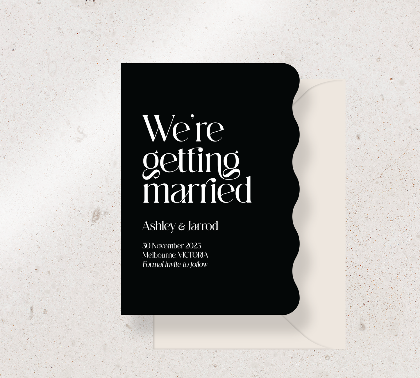Wiggle shape Save the Date Announcement Card from our Love Note Collection - White ink on Black card, paired here with an Almond envelope