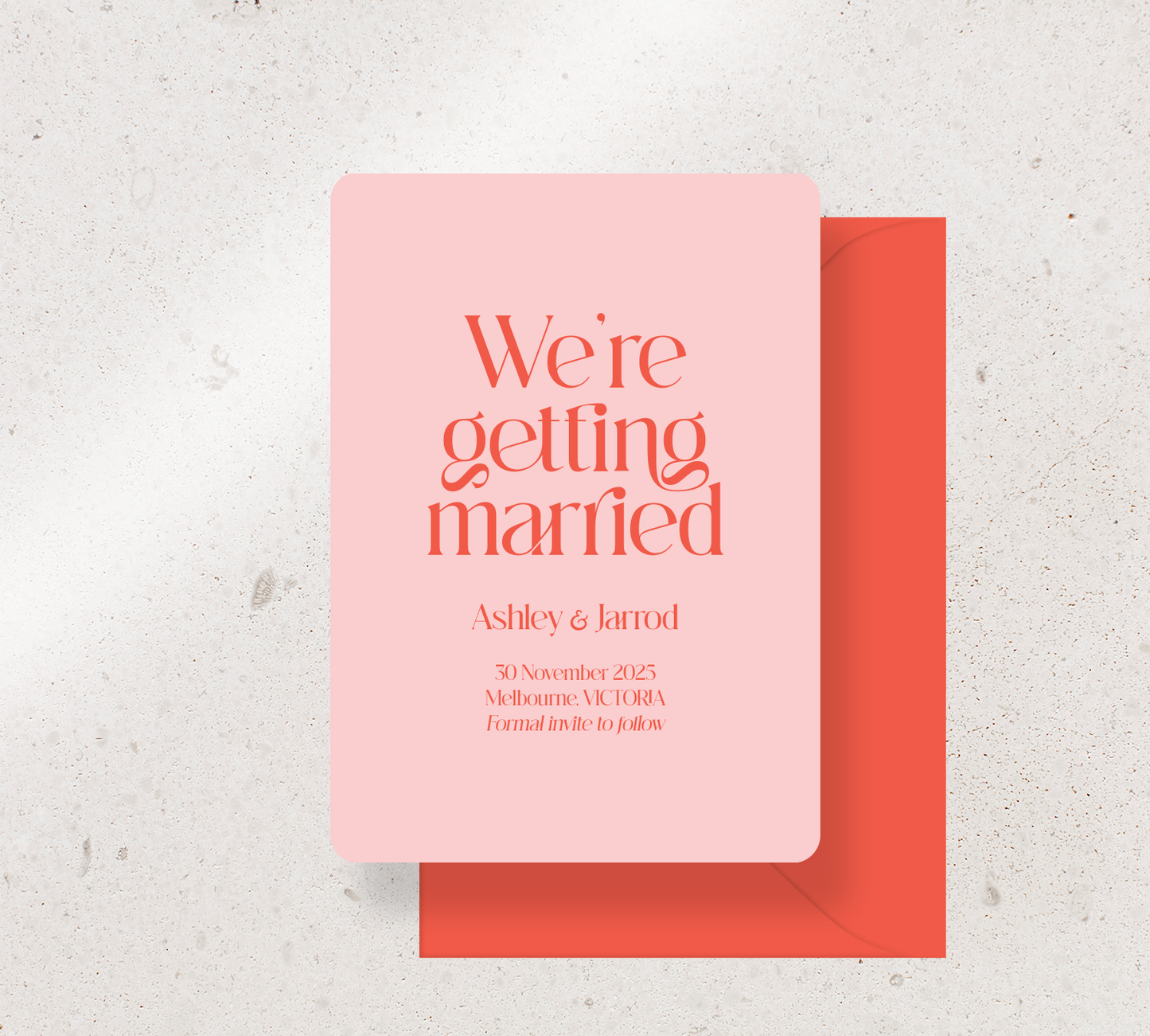 Save the Date Announcement Card from our Love Note Collection - Cayenne ink on Rosa card, paired here with a Cayenne envelope
