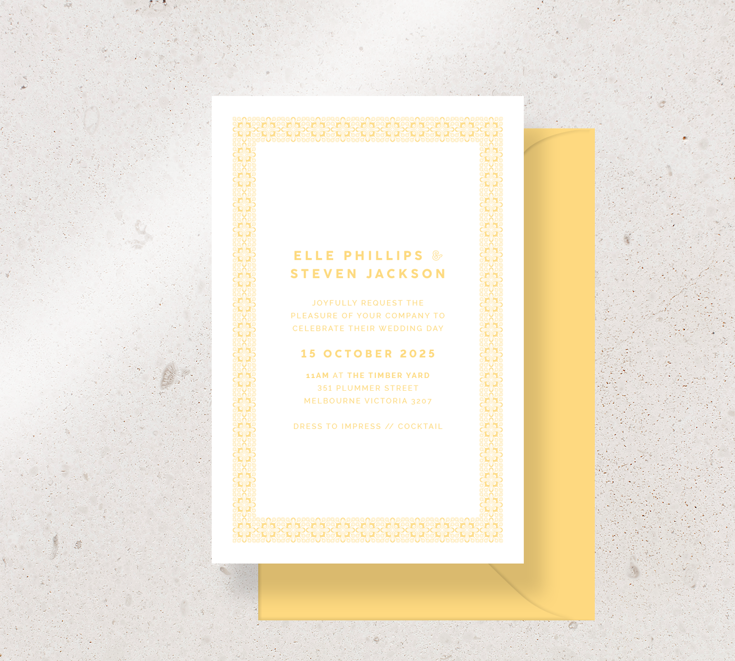 Customisable invitation design from our Grace collection - Yellow ink on white card, paired here with a yellow envelope