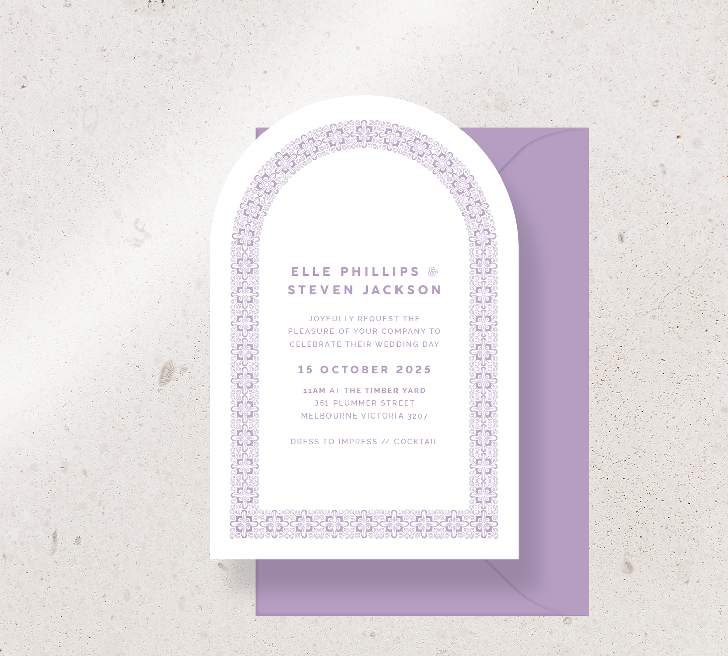Customisable Arch invitation design from our Grace collection - Mauve ink on white card, paired here with a Mauve envelope