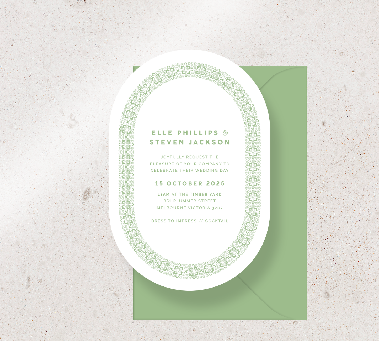 Customisable Oval invitation design from our Grace collection - Pear green ink on white card, paired here with a Pear green envelope