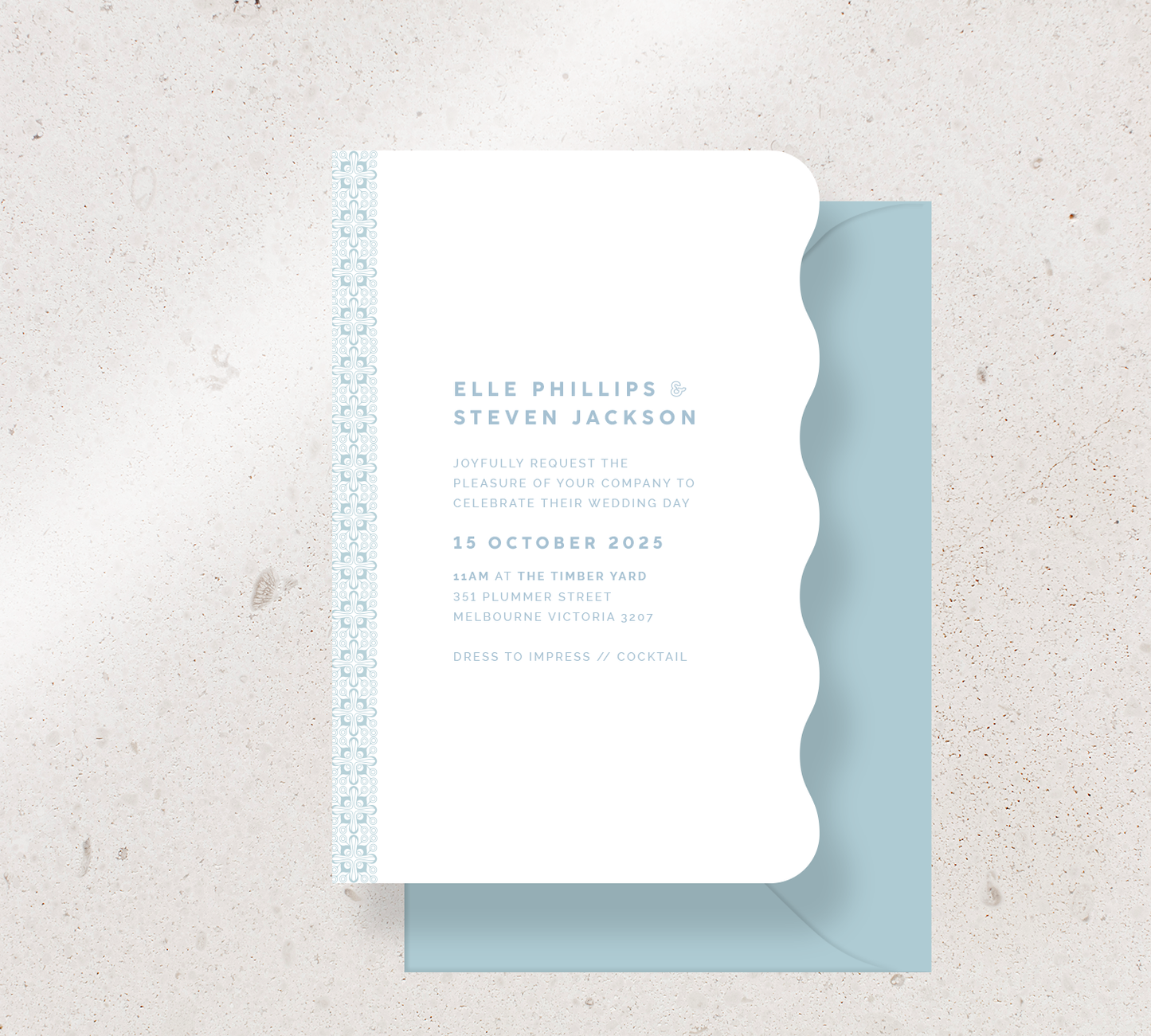Customisable Wiggle shaped invitation design from our Grace collection - Duck egg blue ink on white card, paired here with a duck egg blue envelope