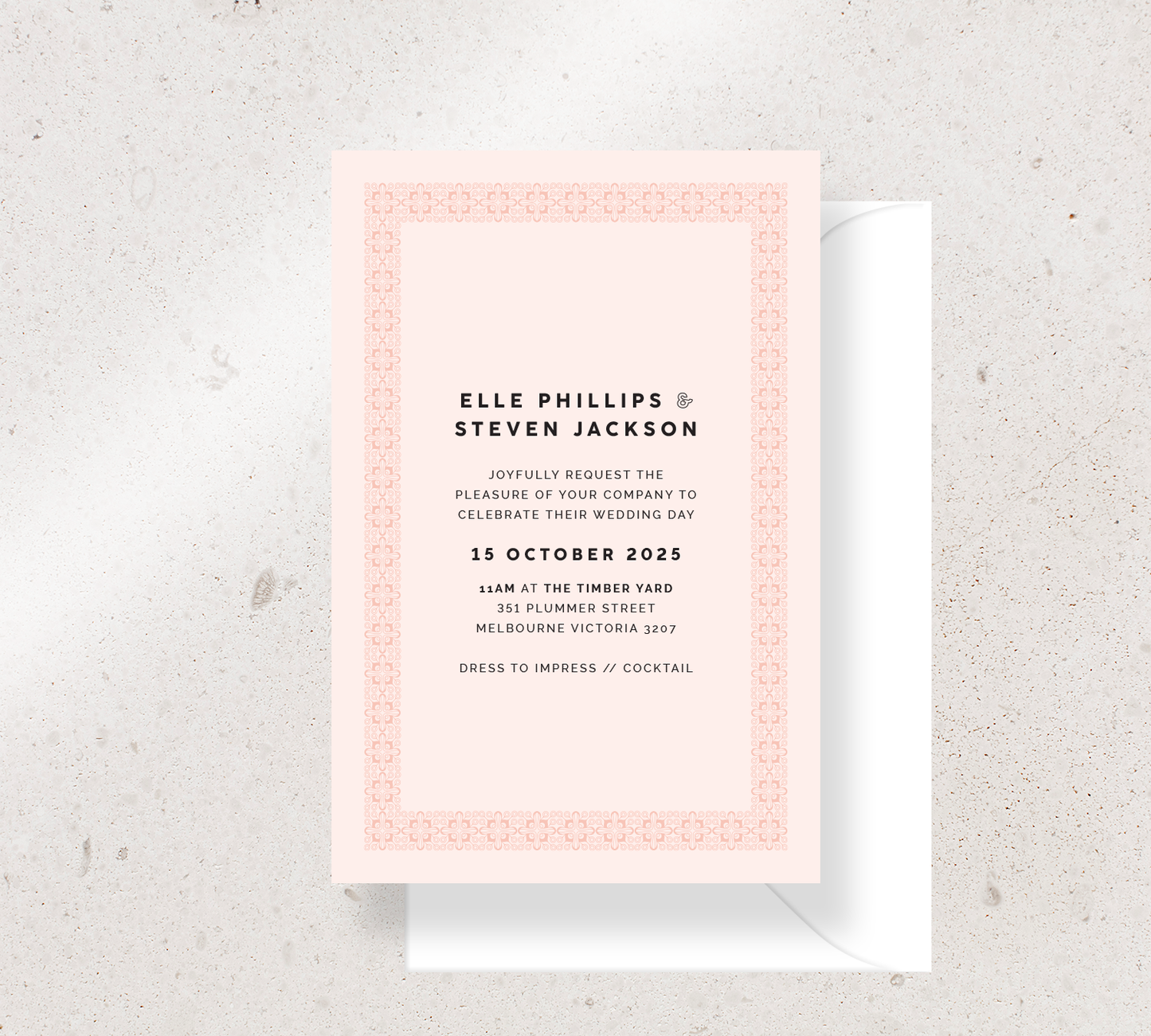 Customisable invitation design from our Grace collection - Black ink on Nude card, paired here with a white envelope