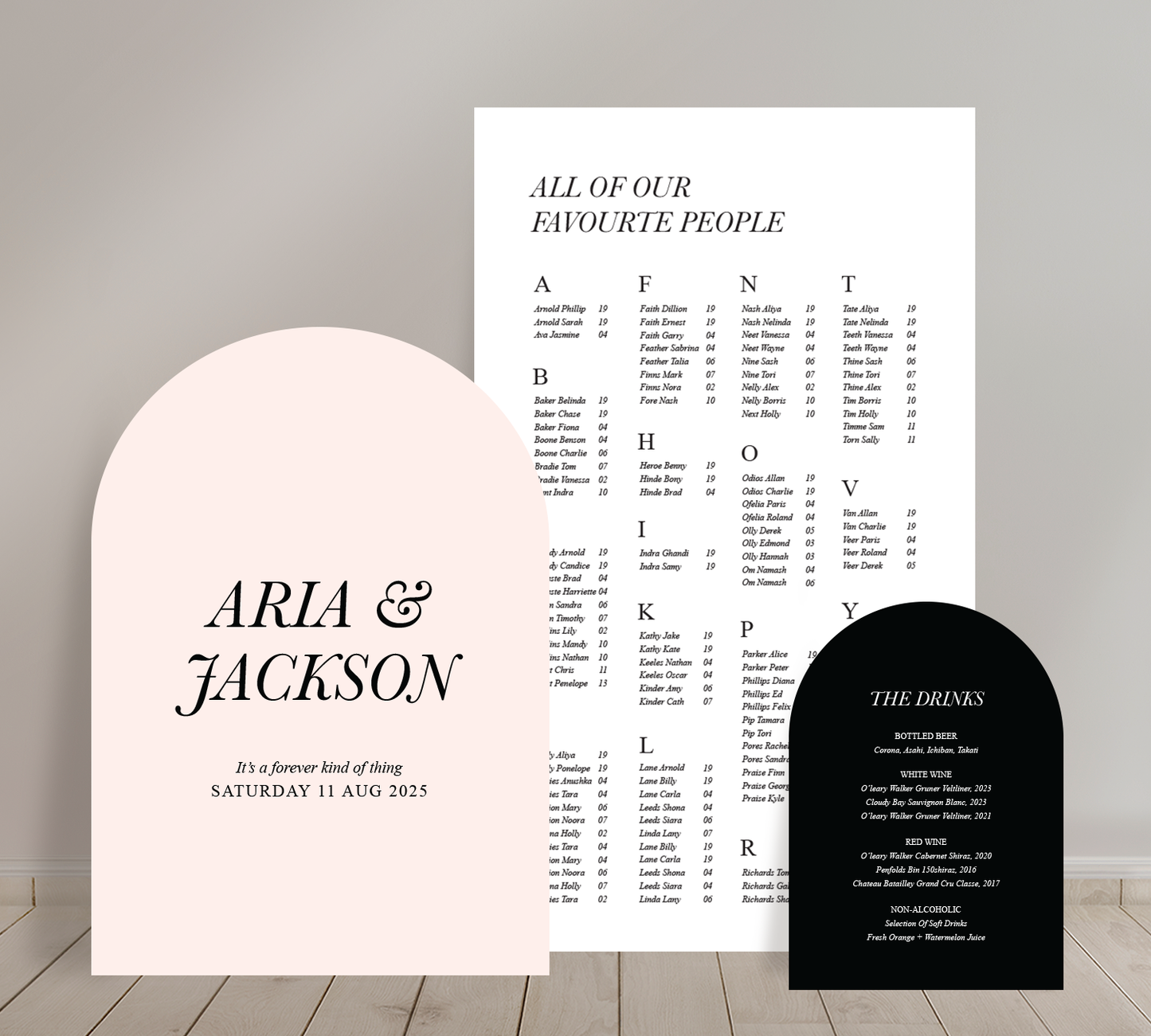 Cost effective Signage Trio from our Paragon collection - Welcome sign, Seating chart & Bar Sign Combo