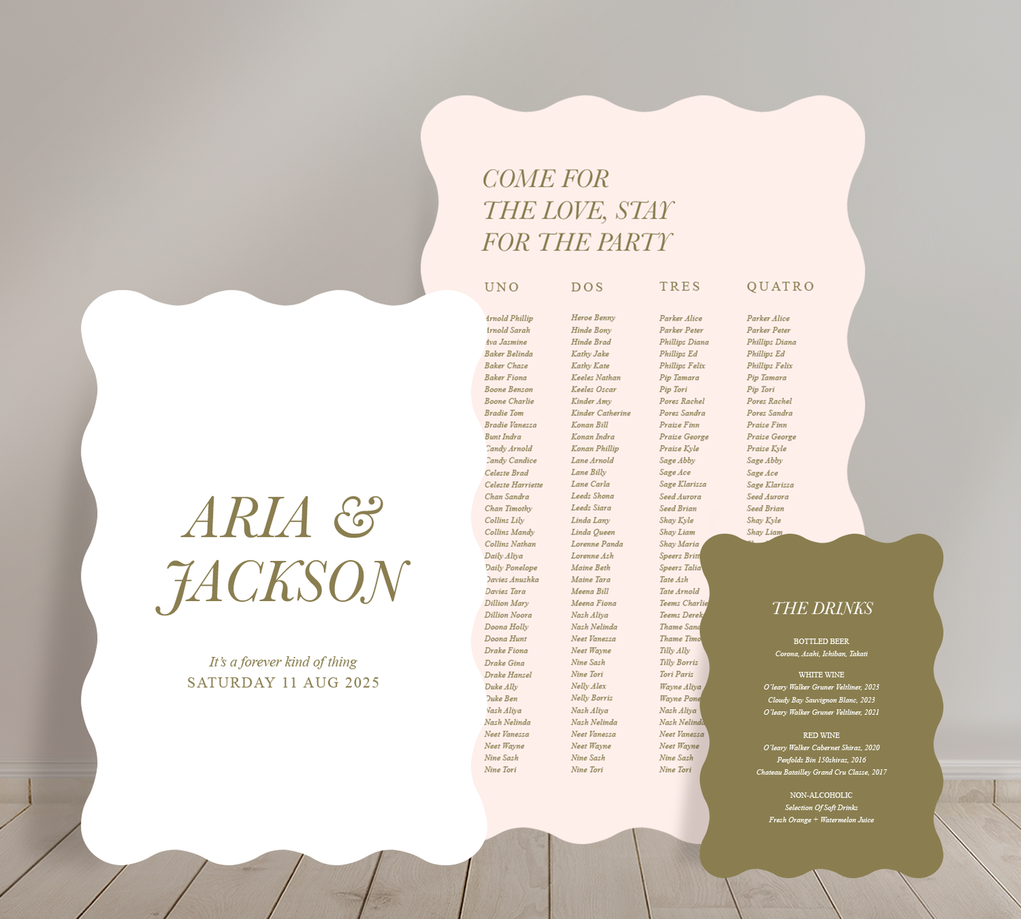 Cost effective Signage Trio from our Paragon collection - Welcome sign, Seating chart & Bar Sign Combo