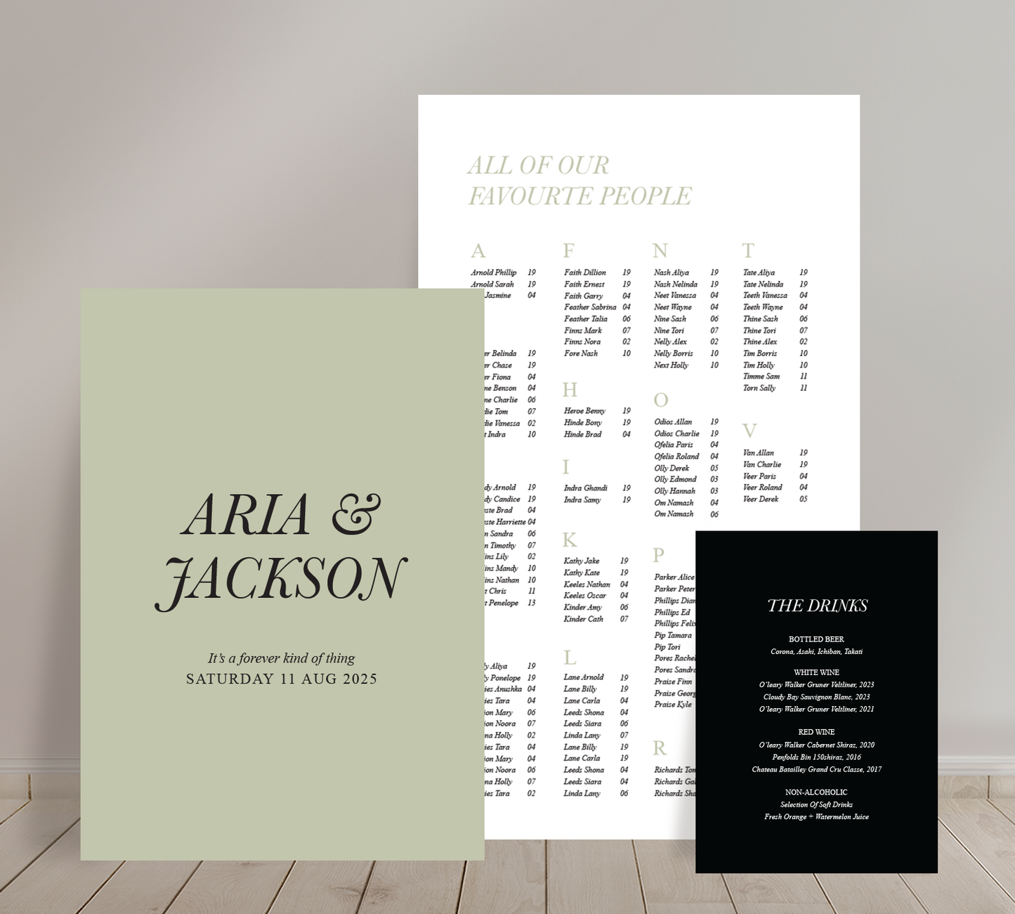 Cost effective Signage Trio from our Paragon collection - Welcome sign, Seating chart & Bar Sign Combo
