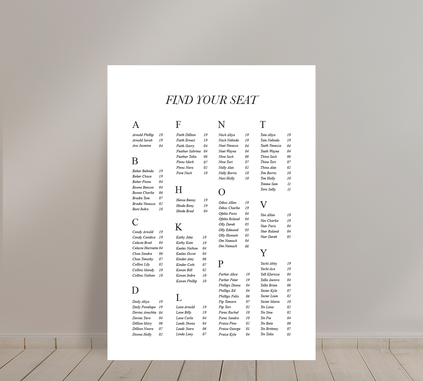 A1 Guest Seating Chart from our Paragon collection