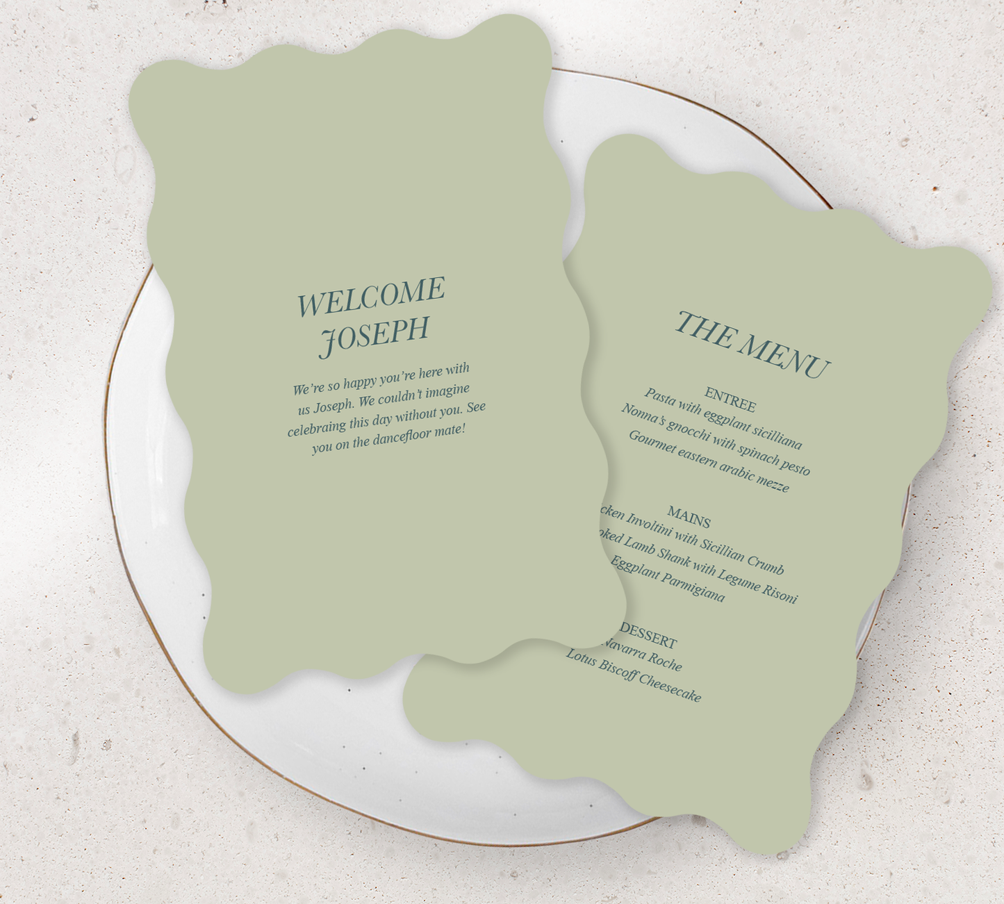Double sided Wave Guest menu's from our Paragon collection - Emerald ink on Sage card