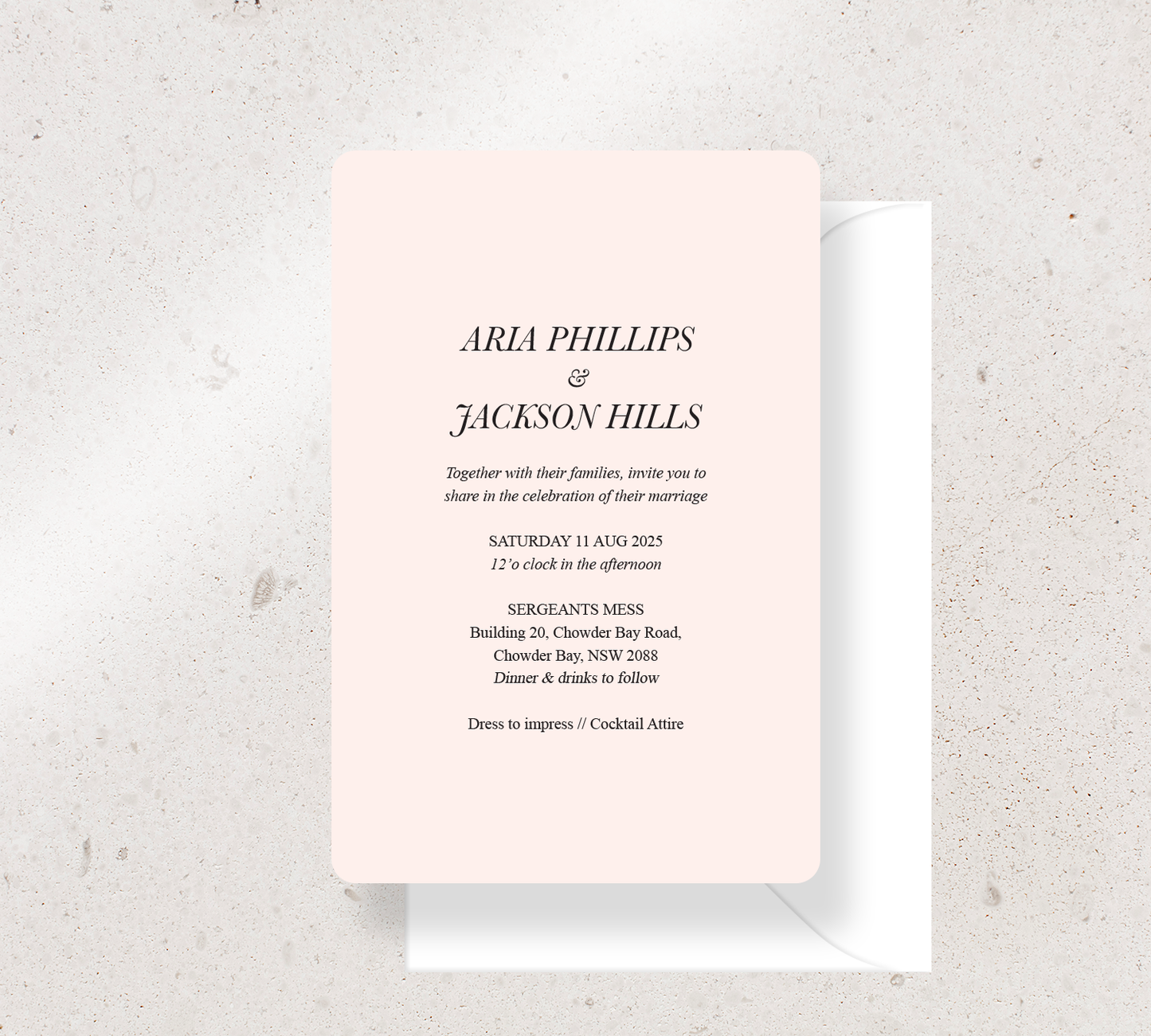 Customisable invitation design from our Paragon collection - Black ink on Nude card, paired here with a White envelope