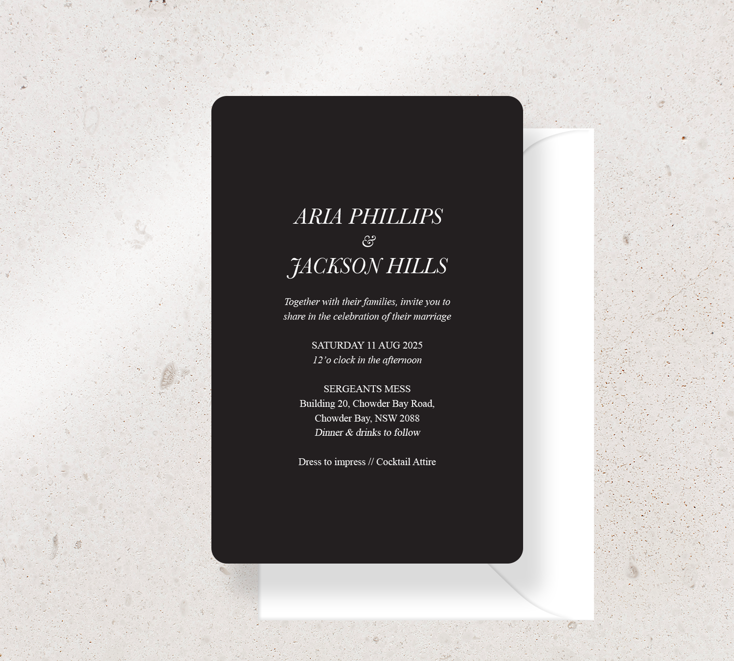 Customisable invitation design from our Paragon collection - White ink on Black card, paired here with a White envelope