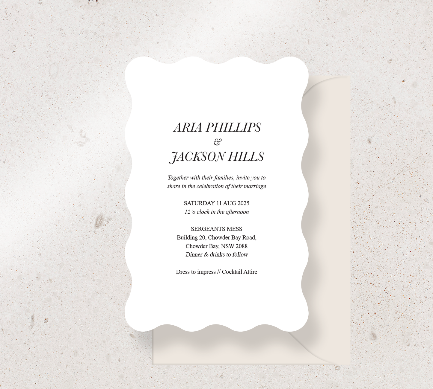 Customisable invitation design from our Paragon collection - Black ink on White card, paired here with an Almond envelope