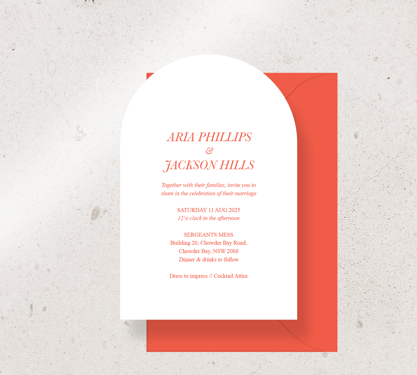 Customisable Arch invitation design from our Paragon collection - Cayenne ink on White card, paired here with a Cayenne envelope