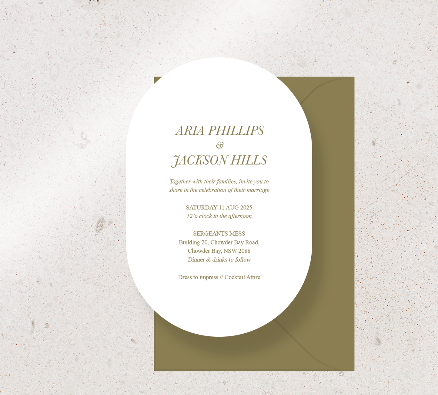 Customisable Oval invitation design from our Paragon collection - Olive ink on White card, paired here with an Olive envelope