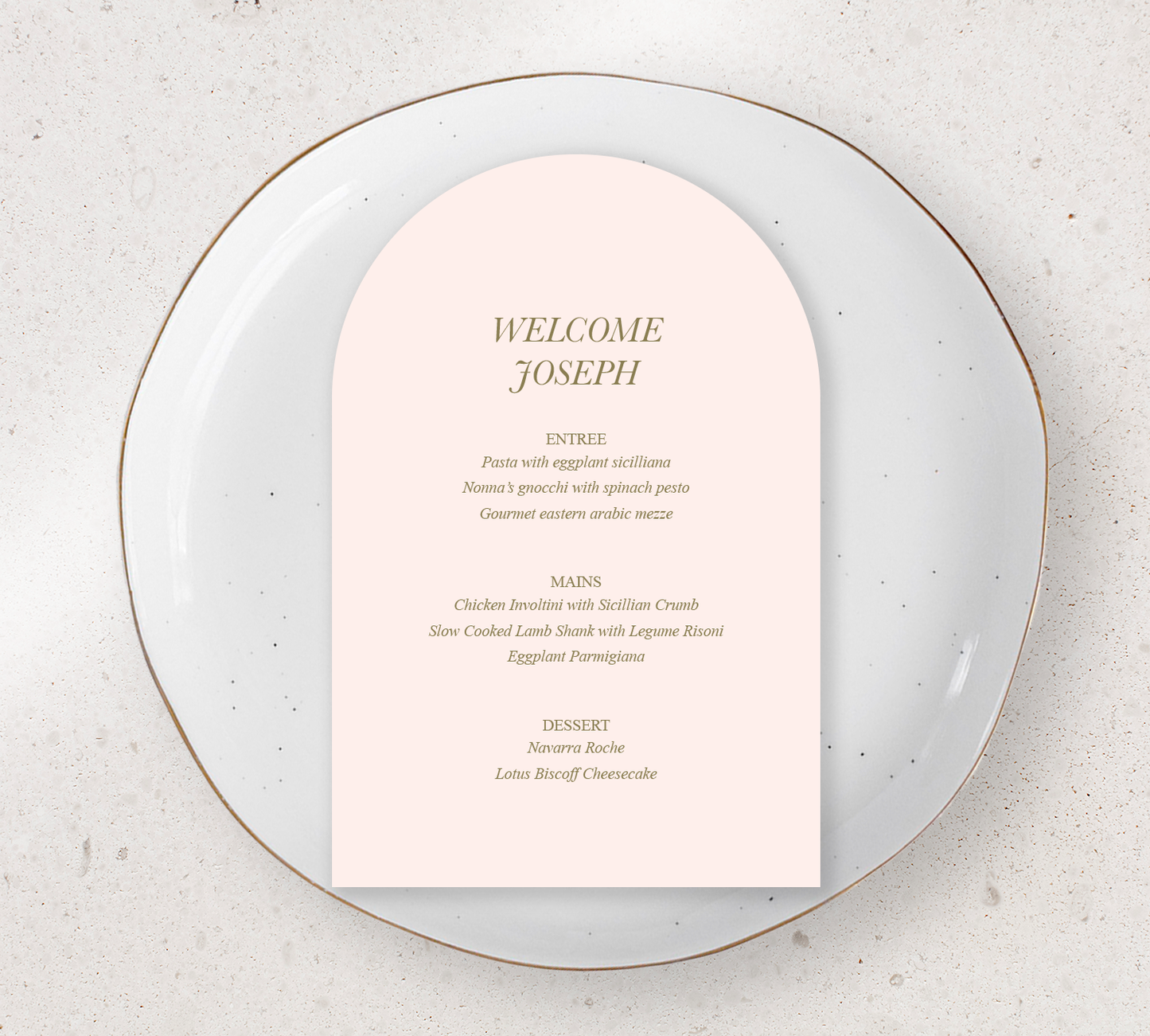 Arch Guest menu's from our Paragon collection - Olive ink on Nude card