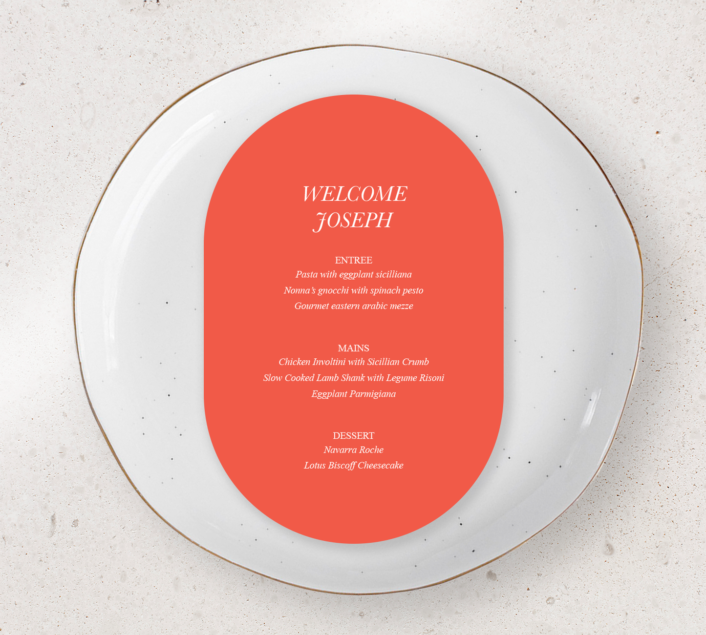 Oval Guest menu's from our Paragon collection - White ink on Cayenne card