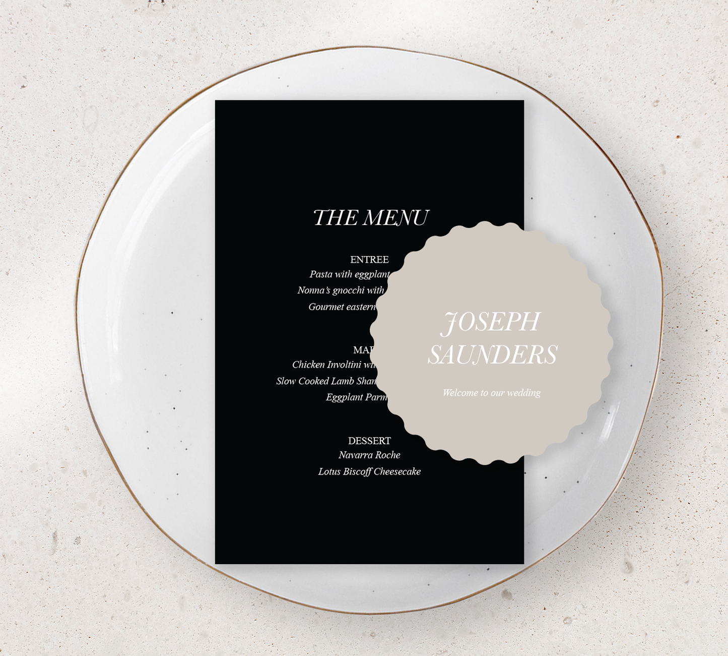 Place setting from our Paragon collection - Guest Menu and Place Card Combo