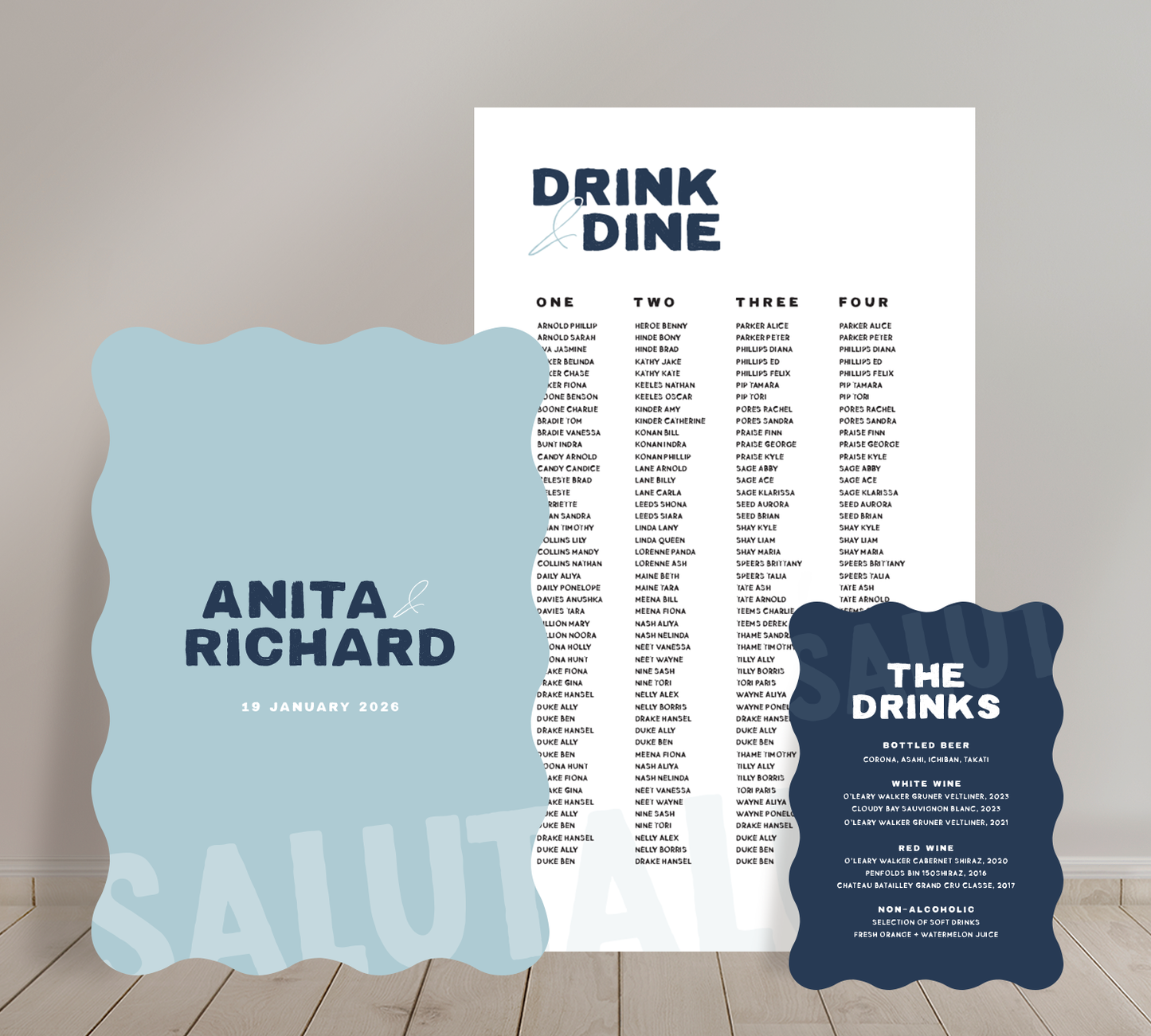 Cost effective Signage Trio from our Salut collection - Welcome sign, Seating chart & Bar Sign Combo