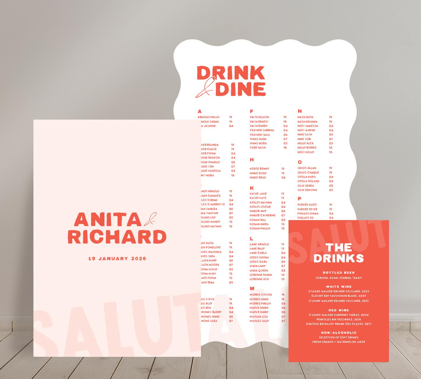 Cost effective Signage Trio from our Salut collection - Welcome sign, Seating chart & Bar Sign Combo
